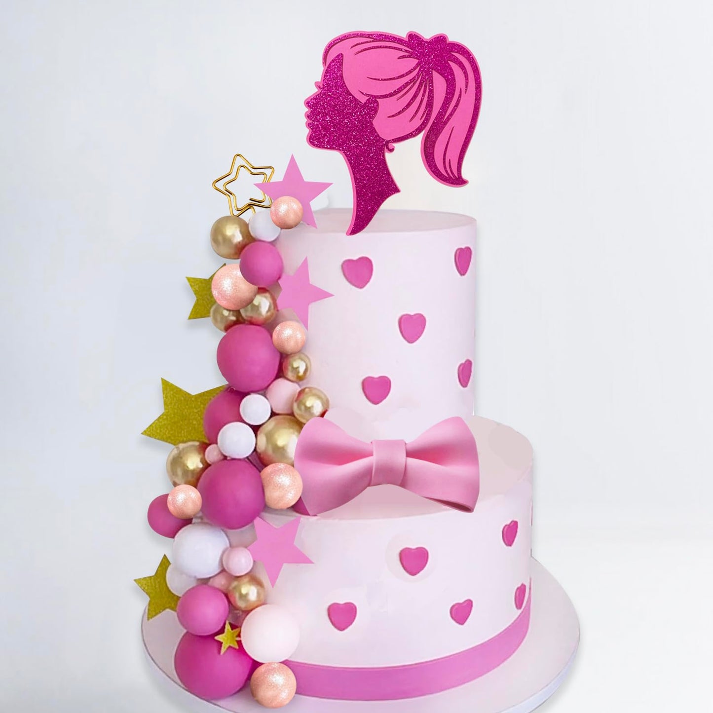 43Pcs Hot Pink Girl Cake Toppers Ball Cake Decorations With Pink Bow Cake Topper Decorations And Star Cake Cupcake Toppers For B