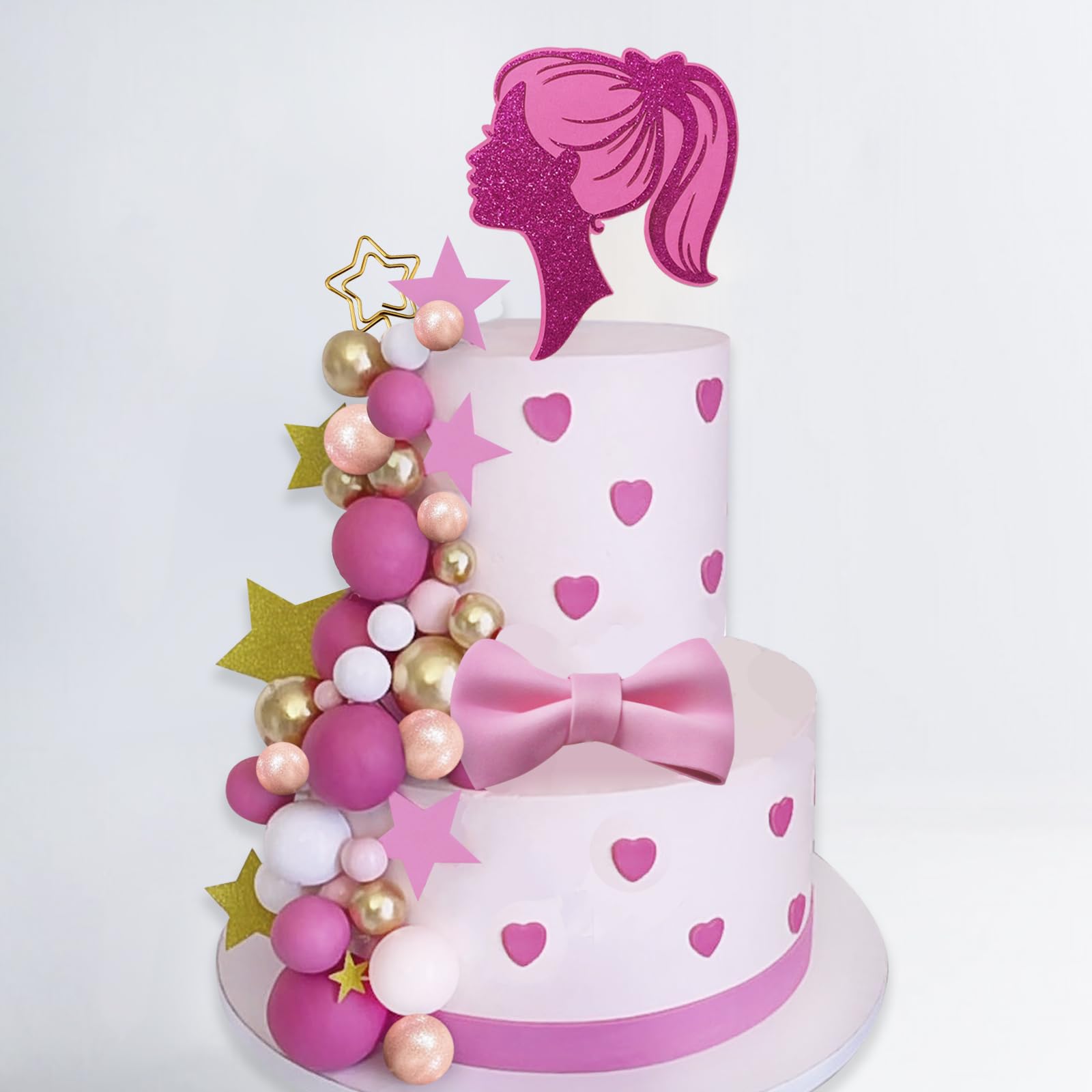 43Pcs Hot Pink Girl Cake Toppers Ball Cake Decorations With Pink Bow Cake Topper Decorations And Star Cake Cupcake Toppers For B