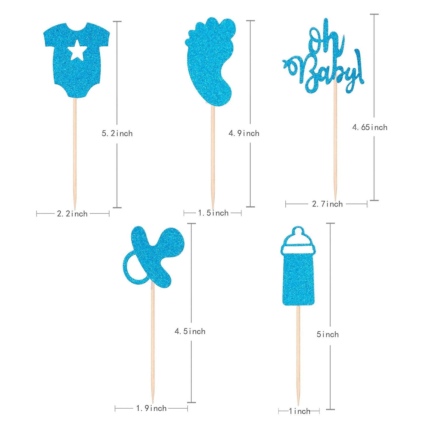 30-Pack Glitter Baby Shower Cupcake Toppers Cake Topper, Blue Oh Baby Onesie Bottle Foot Print Nipple Cupcake Toppers Cake Toppe