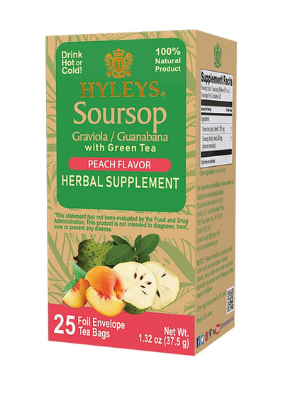 12 Pack of Hyleys Wellness Natural Soursop With Green Tea Peach Flavor - 25 Tea Bags (100% Natural, Sugar Free, Gluten Free & No