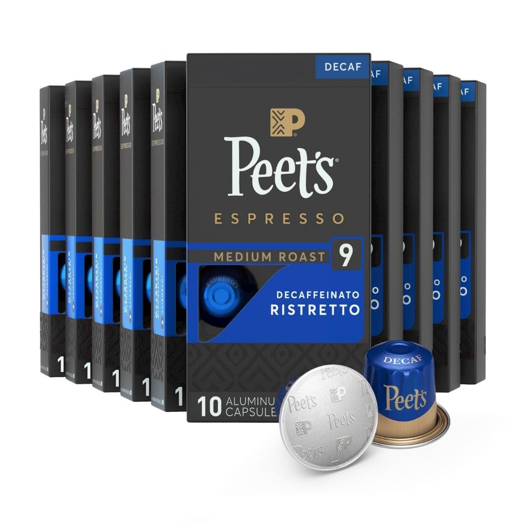Peets Coffee Medium Roast Decaf Espresso Capsules Compatible with Nespresso - 100 Count (10 Boxes of 10 Capsules)