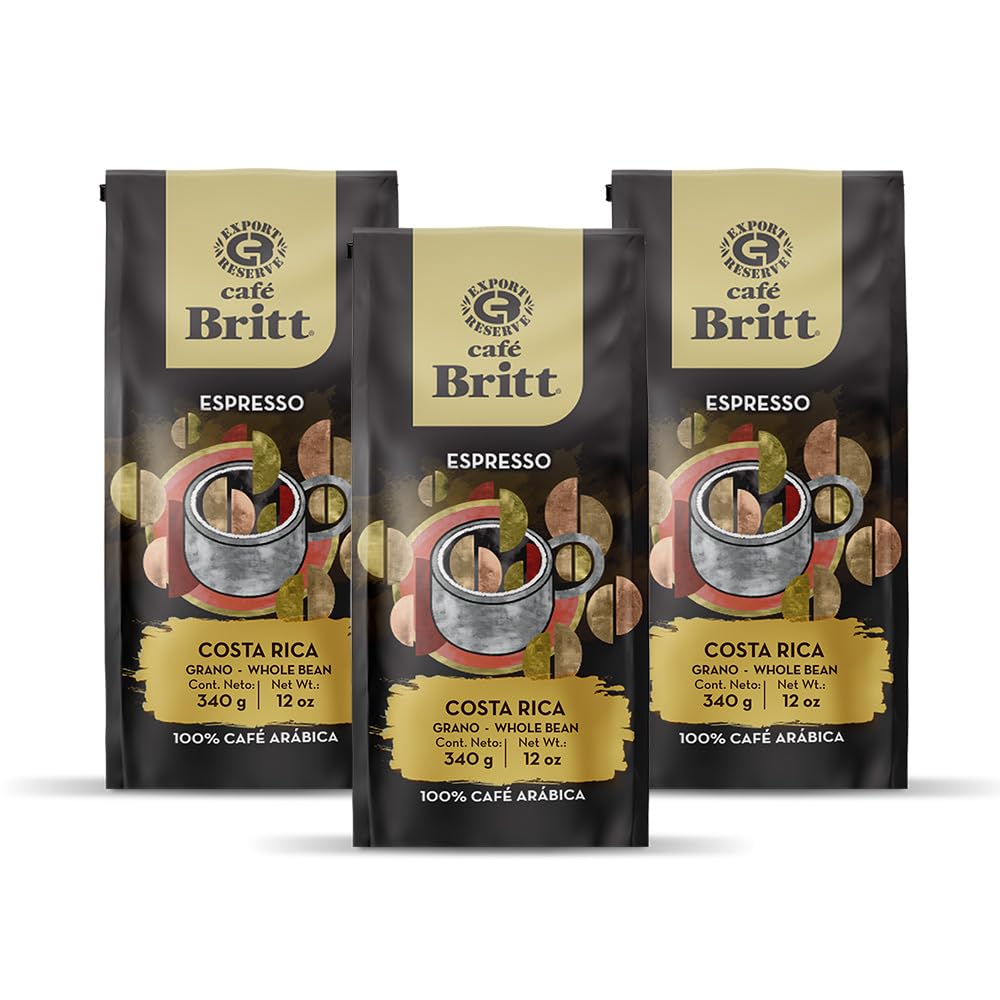 Cafe Britt Costa Rican Espresso Coffee - Whole Bean, Dark Roast, 12 oz. (3-Pack) - Kosher, Gluten Free, Arabica Coffee