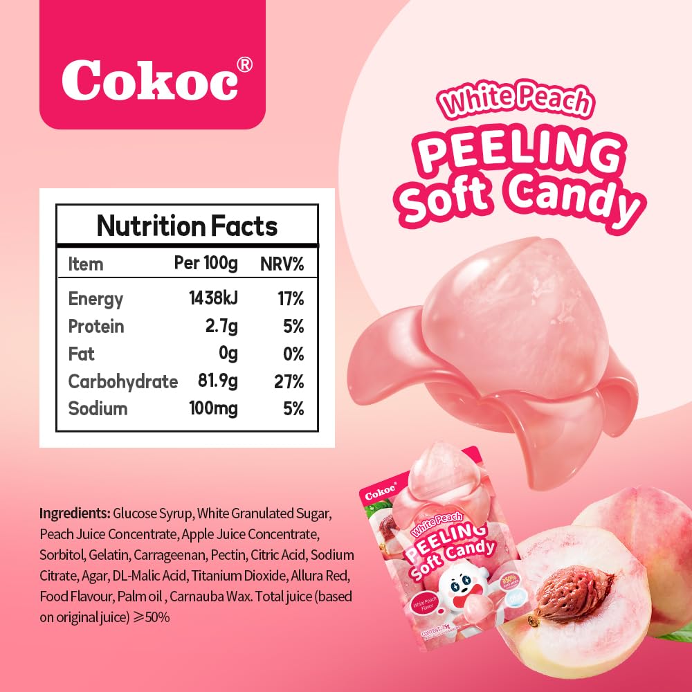 COKOC Peelable Gummies Peach - Individual Packaging, 2.64oz Bag, Fruit Candy, Pack of 3