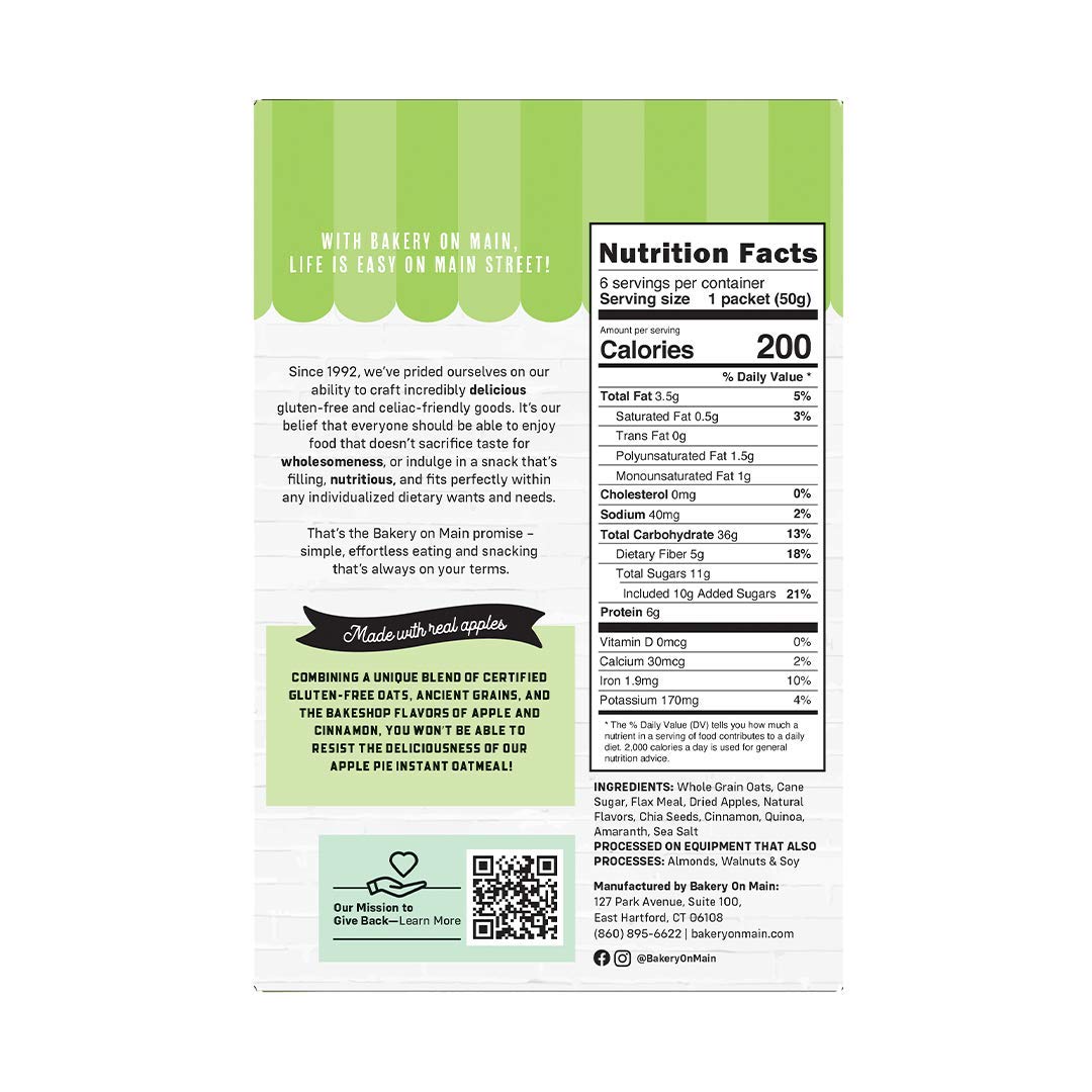 Bakery On Main, Gluten-Free Instant Oatmeal, Vegan & Non GMO - Apple Pie, 10.5oz (Pack of 1)