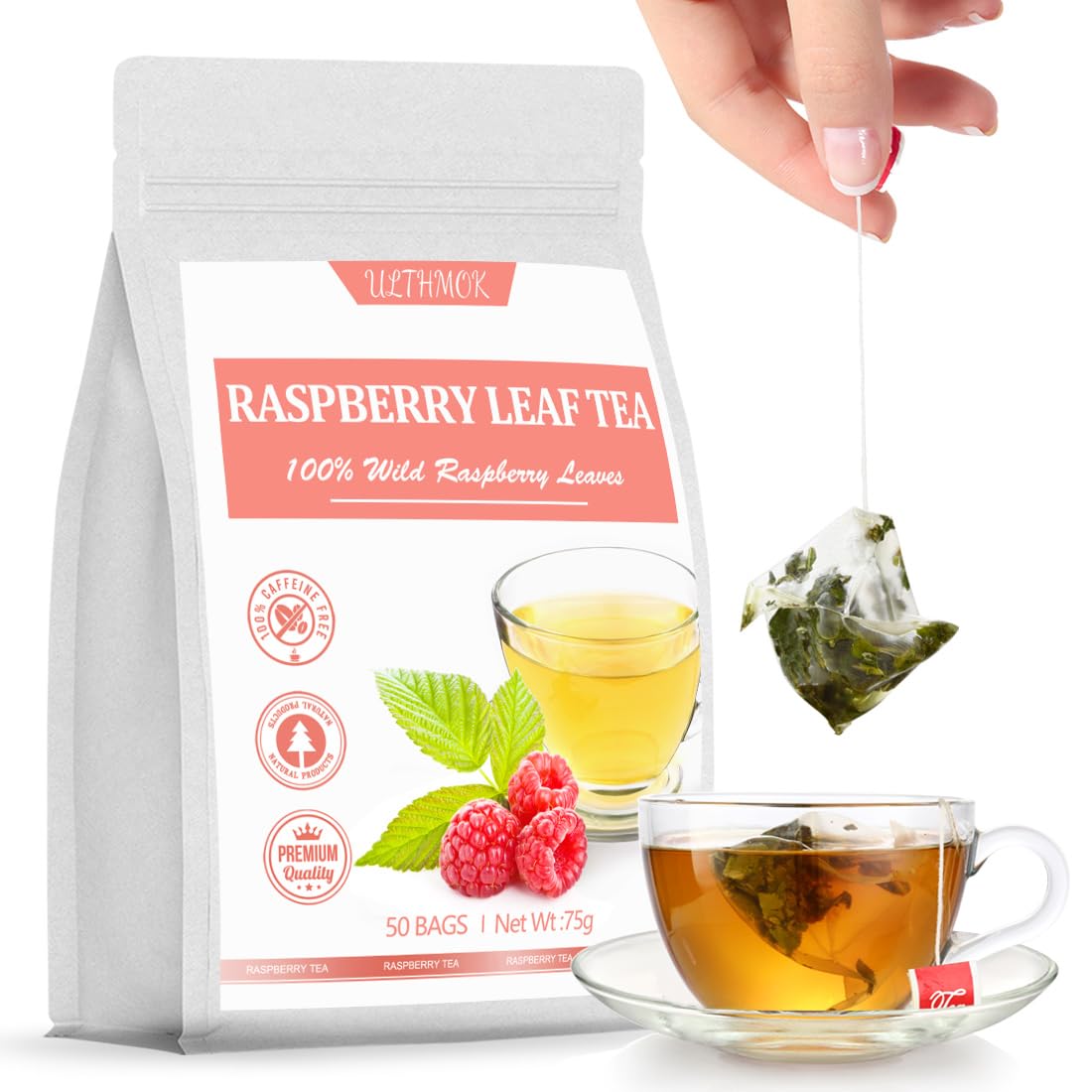 ULTHMOK Premium Red Raspberry Leaf Tea Bags - Caffeine Free, 50 Count, Natural Ingredients
