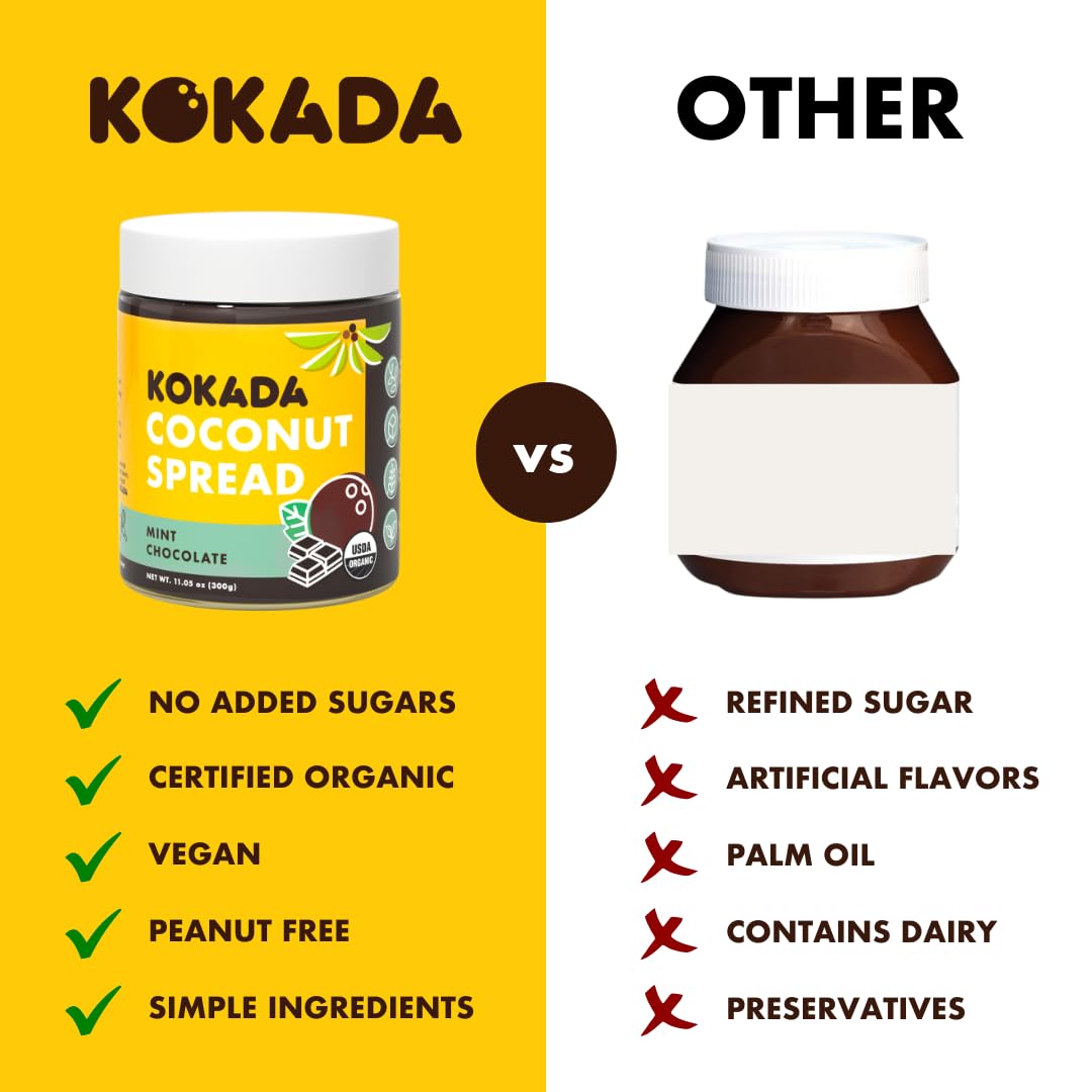 Kokada Coconut Spread, Mint Chocolate (11oz Jars, Pack of 2 Jars) - Peanut Free, School Safe Snack, Organic Ingredients, Vegan,
