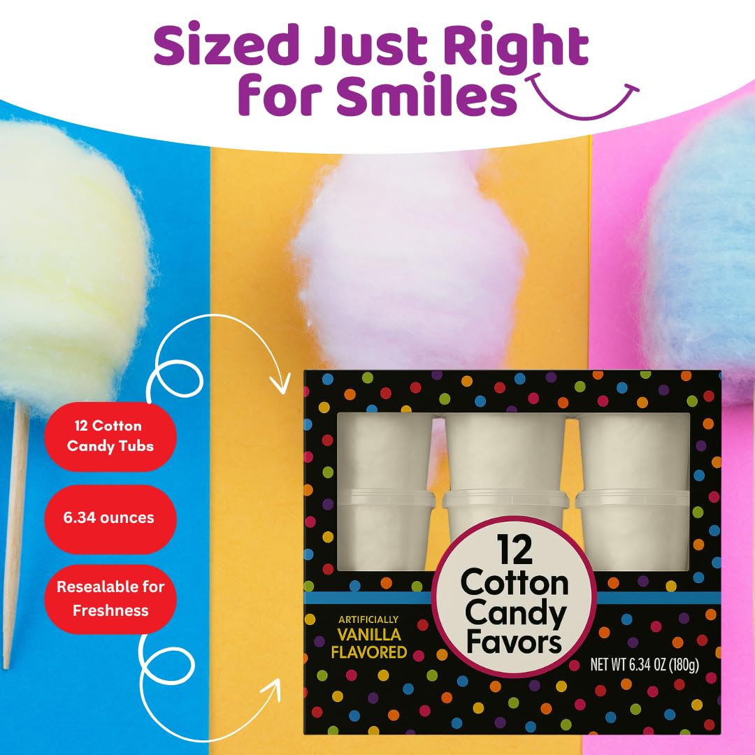 Alberts Cotton Candy – 12 Pack – White Fluffy Sweet Treat – Resealable Tubs – Perfect For Parties & Events (Vanilla)
