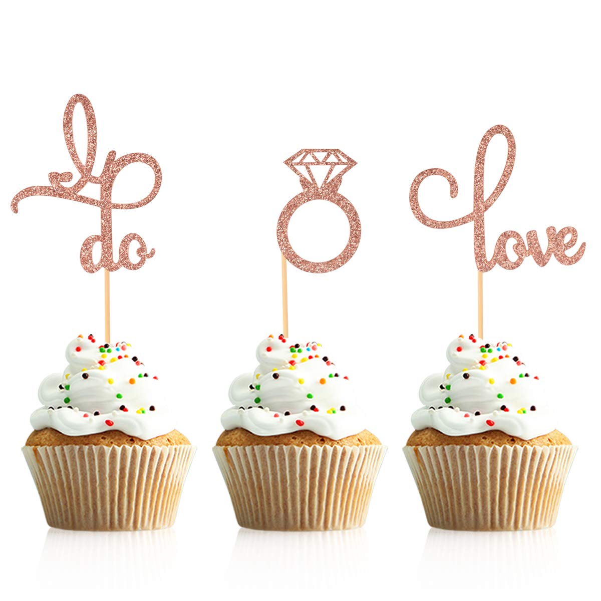 Donoter 48 Pcs Rose Gold Glitter Diamond Ring Cupcake Toppers Love I Do Cake Picks For Wedding Engagement Party Decorations
