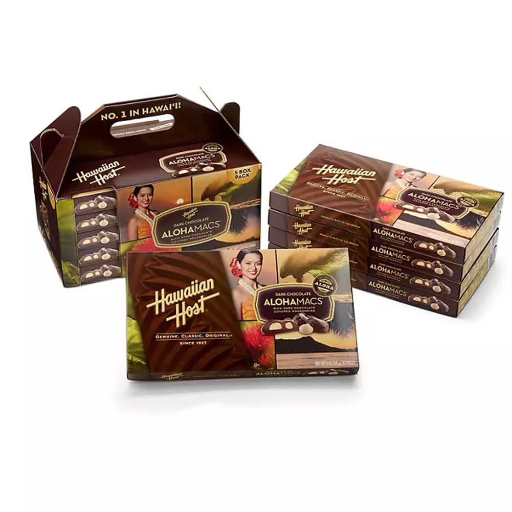 Hawaiian Host AlohaMacs Dark Chocolate Covered Macadamia Nuts – 5 Ounce (Pack of 5) – Gourmet Gift & Snack