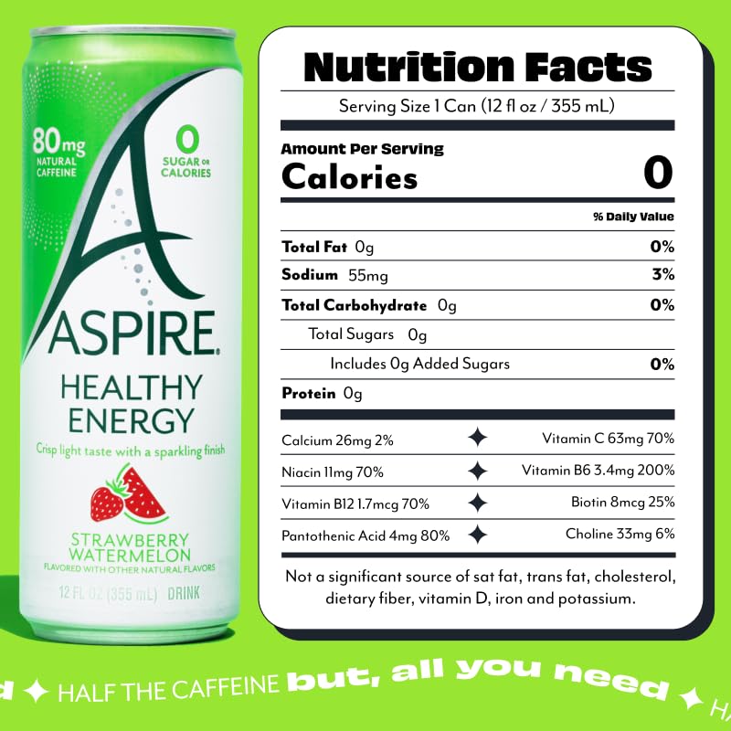 ASPIRE Strawberry Watermelon  Healthy Energy Drink with Low Caffeine  No Sugar  Carbs  and Keto Friendly  24 Pack