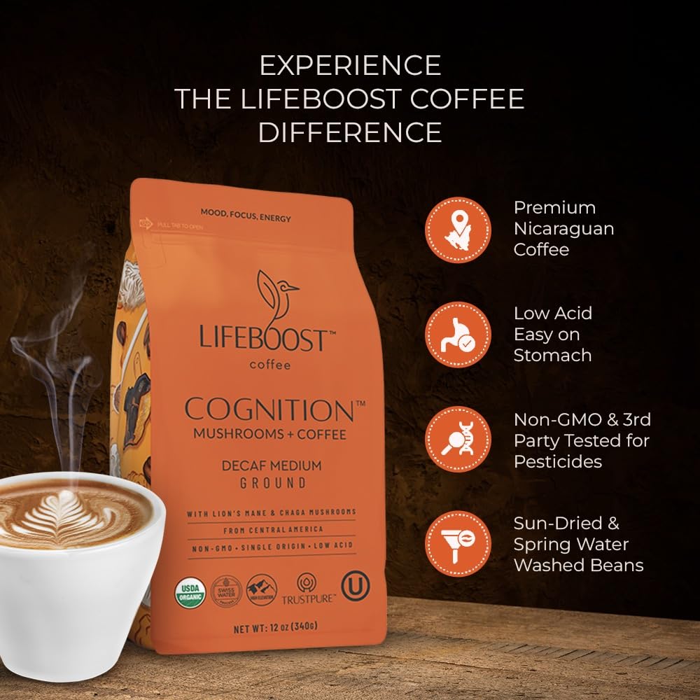 Lifeboost Cognition Adaptogenic Decaf Mushroom Coffee - Low Acid Decaf Medium Organic Coffee With Nootropic Lions Mane & Chaga M
