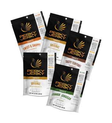 Perky Jerky Turkey Jerky Variety, 2.2 oz (Pack of 5) - Low Sodium - 7-10g Protein per Serving - Low Fat - 100% U.S. Sourced - No