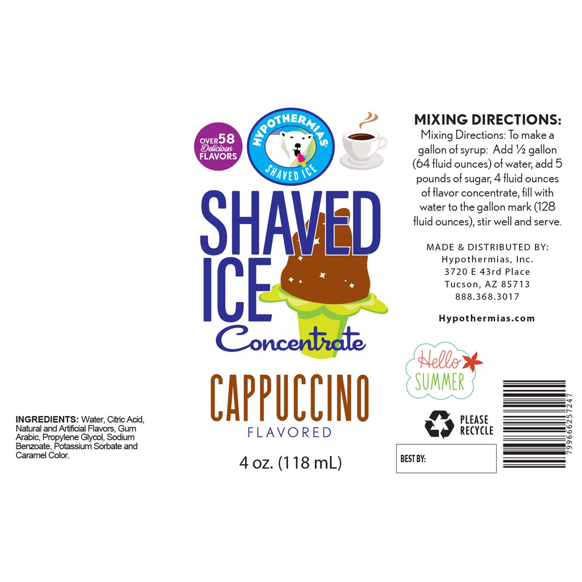 Hypothermias Shaved Ice And Snow Cone Syrup Unsweetened Flavor Concentrate - 4 Fl Oz - Makes 1 Gallon Of Ready To Use Syrup - Ca