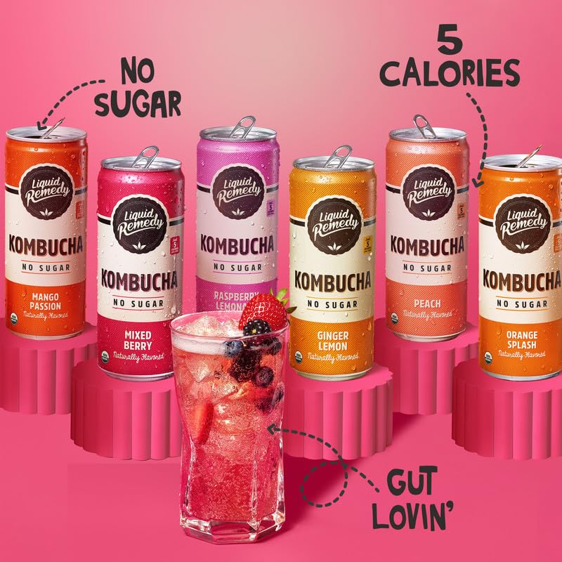 Liquid Remedy Kombucha Sugar Free Organic Drink, Low Calorie, Probiotic Like Tea For Gut Health - Super Sampler Variety Pack - 8