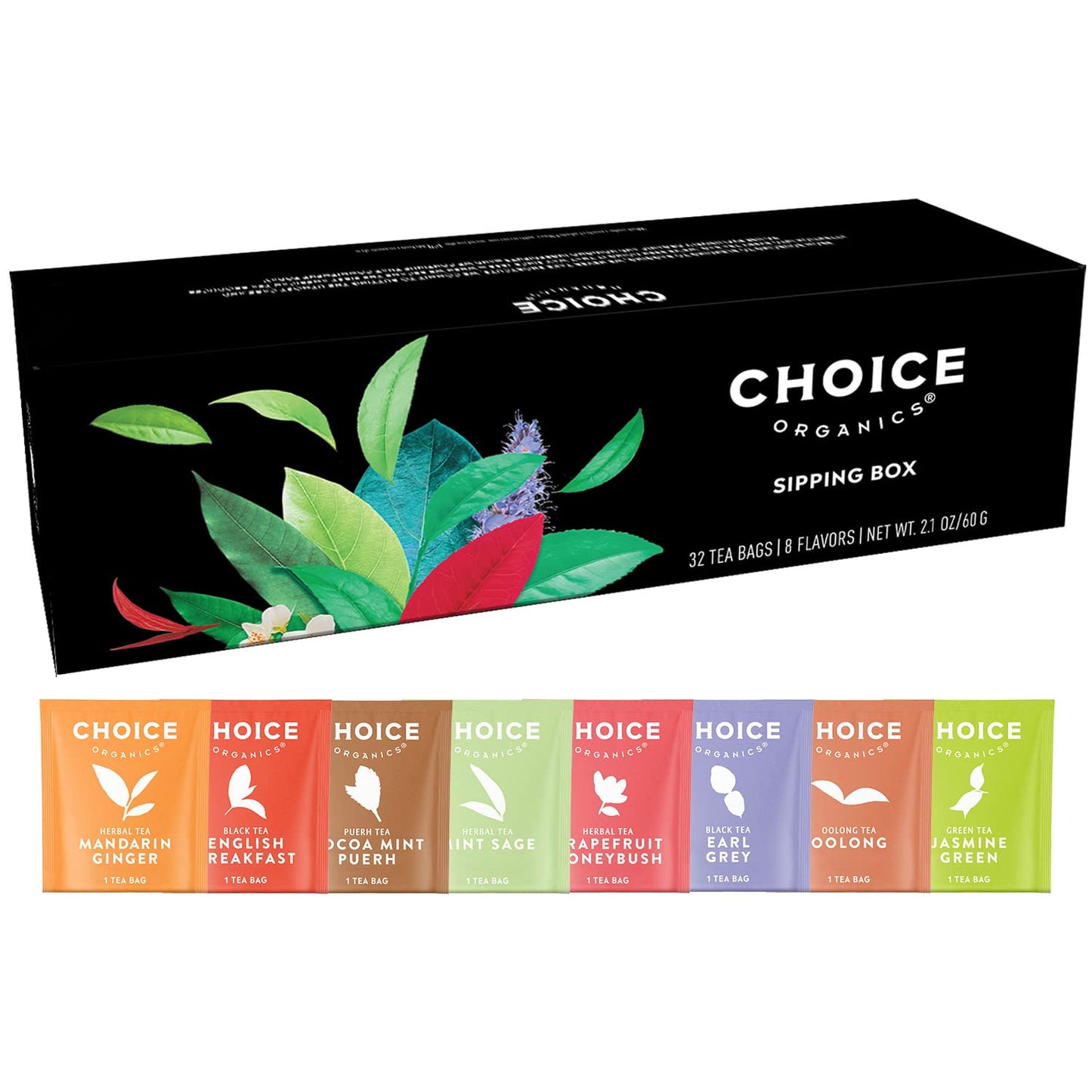 Choice Organic Teas Sipping Box Tea Sampler  Variety Gift Box  32 Total Tea Bags  8 Flavors  Caffeinated and Caffeine-Free Teas  Sustainably Sourced Organic and Non-GMO Ingredients
