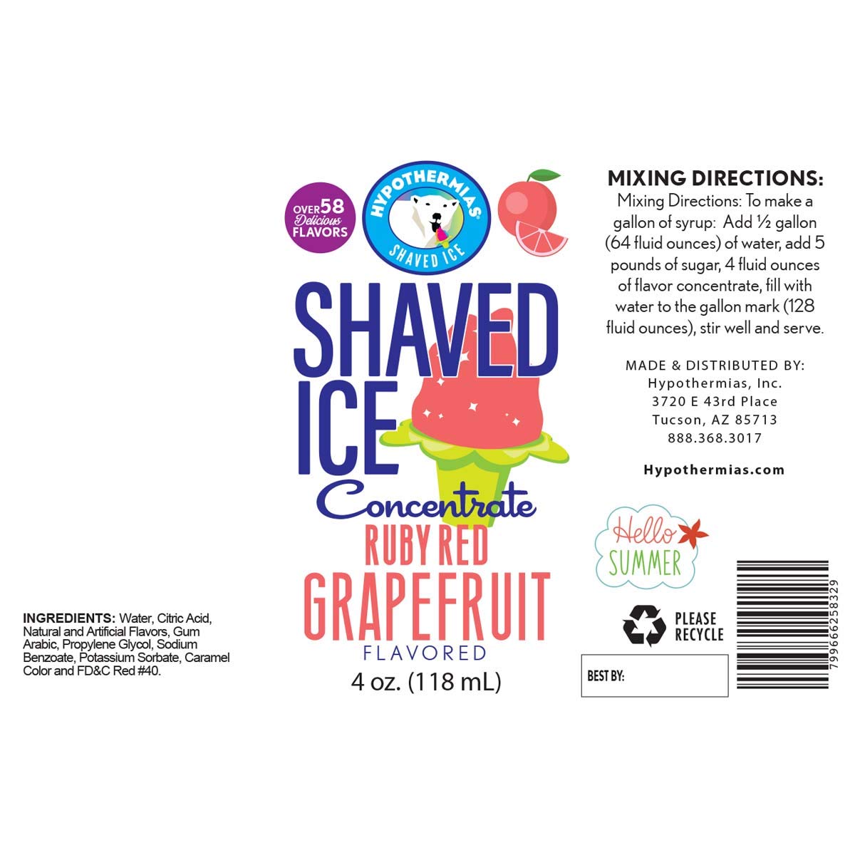 Hypothermias Shaved Ice And Snow Cone Syrup Unsweetened Flavor Concentrate - 4 Fl Oz - Makes 1 Gallon Of Ready To Use Syrup - Ru