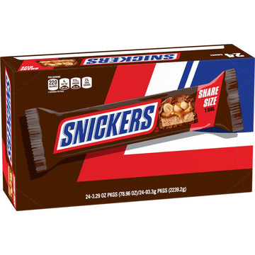 Snickers Milk Chocolate Candy Bars - Individually Wrapped Share Size Milk Chocolate Bars, 3.29 Oz, Pack Of 24 Bulk Box