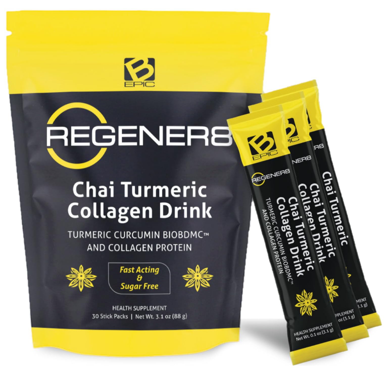 BEPIC REGENER8 Chai Turmeric Collagen Drink - 30 Powder Sticks, Sugar Free, 30 Count