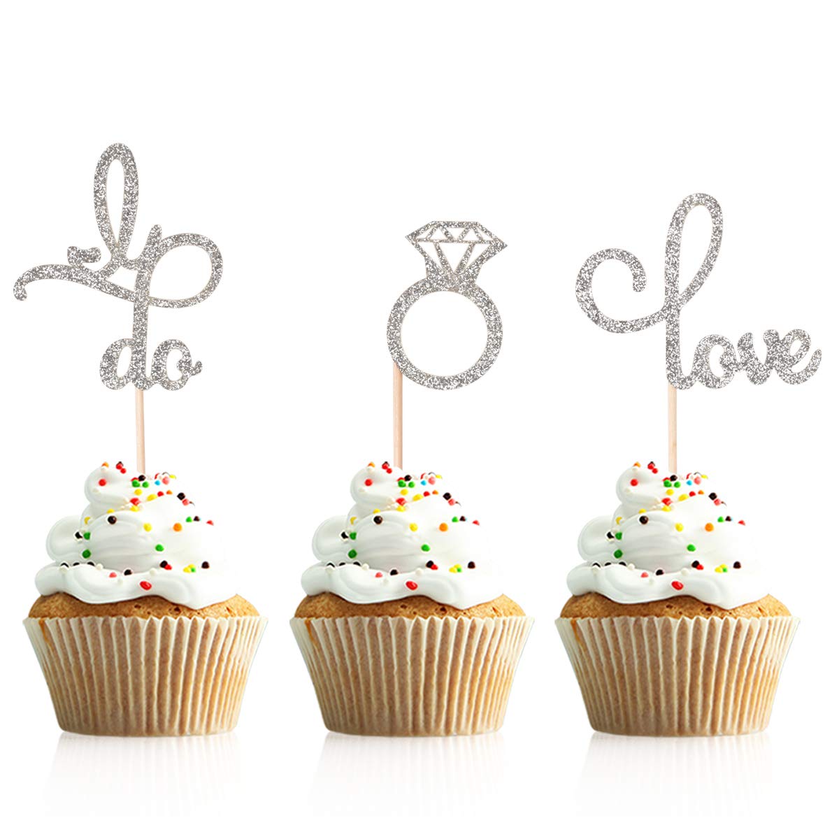 Donoter 48 Pcs Silver Glitter Diamond Ring Cupcake Toppers Love I Do Cake Picks For Wedding Engagement Party Decorations