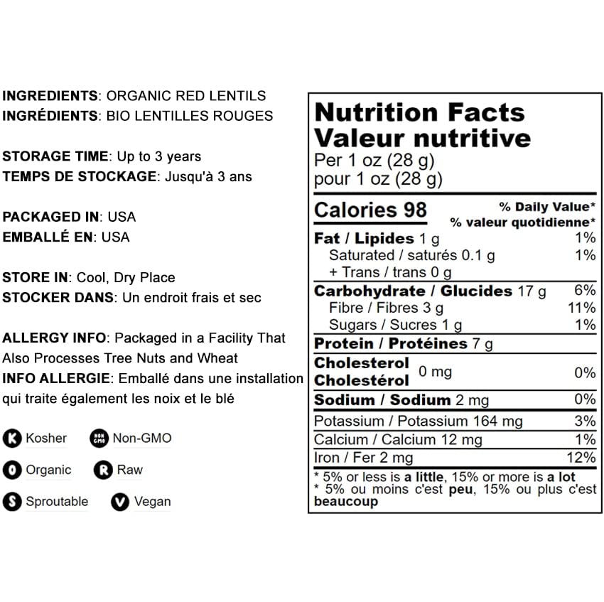 Food To Live Organic Whole Red Lentils, 1 Pound Non-Gmo, Dry Raw Lentils, Sproutable, Vegan, Kosher, Bulk. Easy To Cook. Source Of Folate, Fiber, And Protein. For Lentil Soup, Stews, Curry