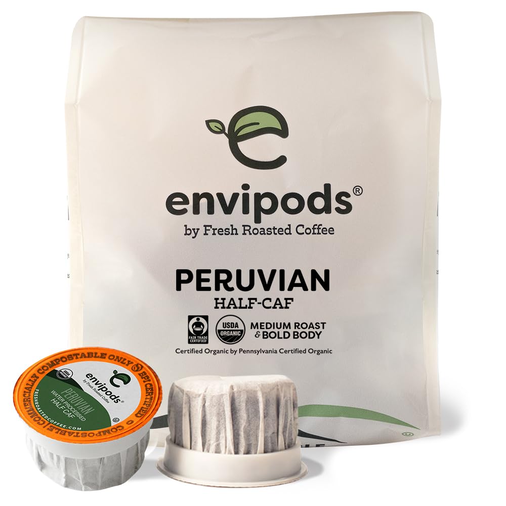 Fresh Roasted Coffee Organic Peruvian Half-Caf Envipods, Medium Roast, 12 Count, Compatible With 1.0 & 2.0 K Cup Brewers