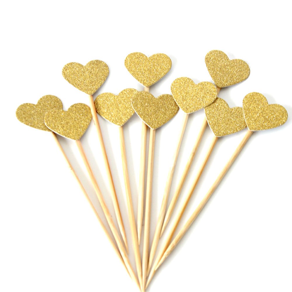 AimtoHome Glitter Heart Cupcake Toppers, Pack of 50, Gold Paper Decorations, Model CCT-003