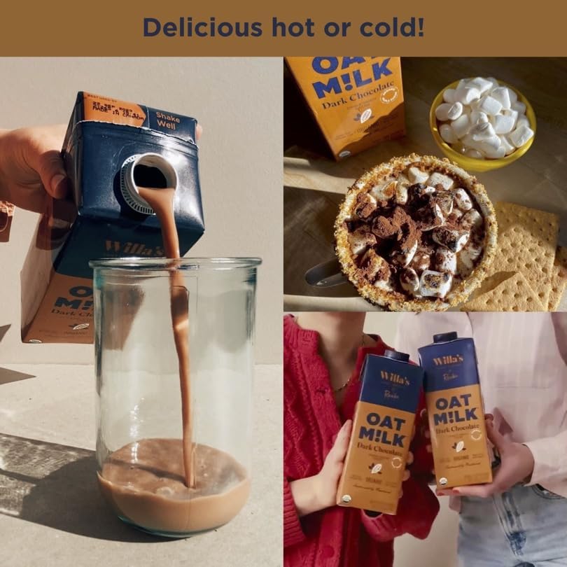 Willas Organic Oat Milk - Chocolate Unsweetened Cacao Oatmilk, Non-GMO, Shelf Stable, Low Sugar, Non-Dairy Milk, Made from Whol