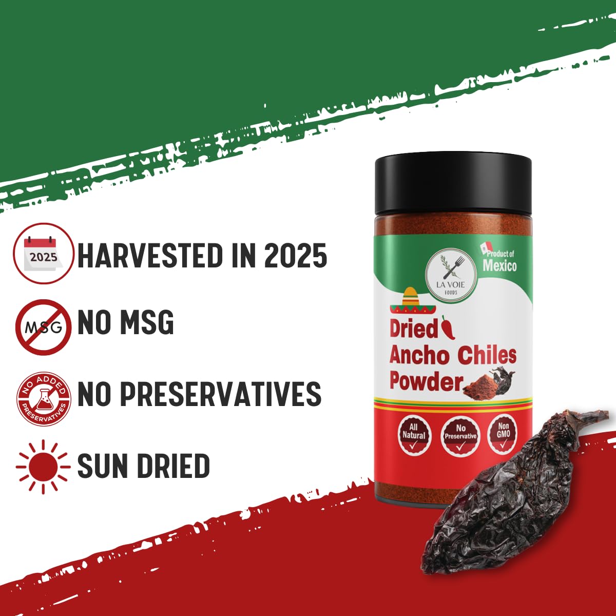 La Voie Ancho Chile Powder 8 Oz - Premium A Grade Mexico Red Ground Chili Pepper For Authentic Mexican Mole, Sauces, Stews, And