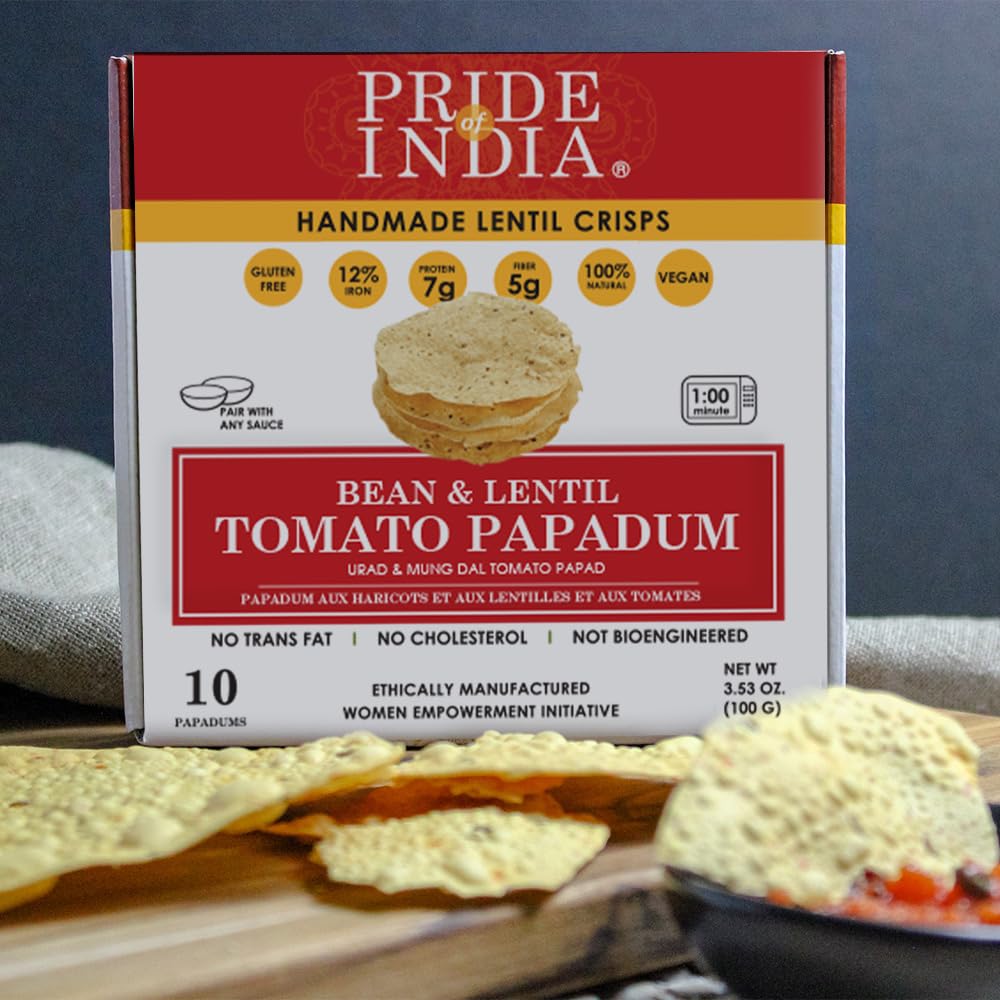 Pride Of India | Tomato Papadum, 10-Count (3.53oz - 100gm) | Protein Fiber & Iron Rich, Gluten-Free Vegan Lentil Crackers, Healt