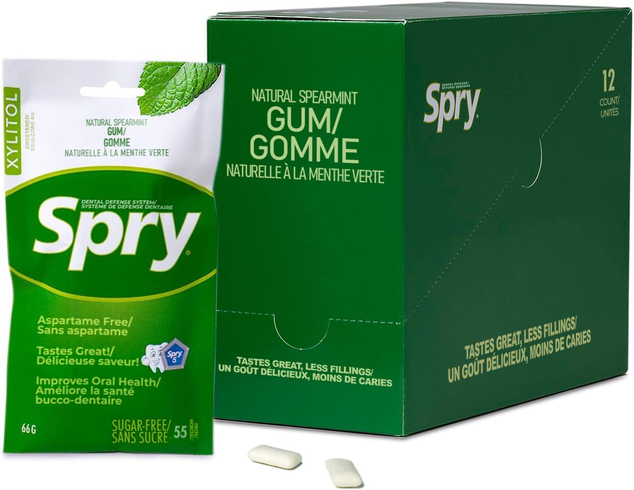 Spry Xylitol Chewing Gum - Aspartame-Free, Sugar-Free, Non-GMO, Spearmint, 55 Count (Pack of 12), Green