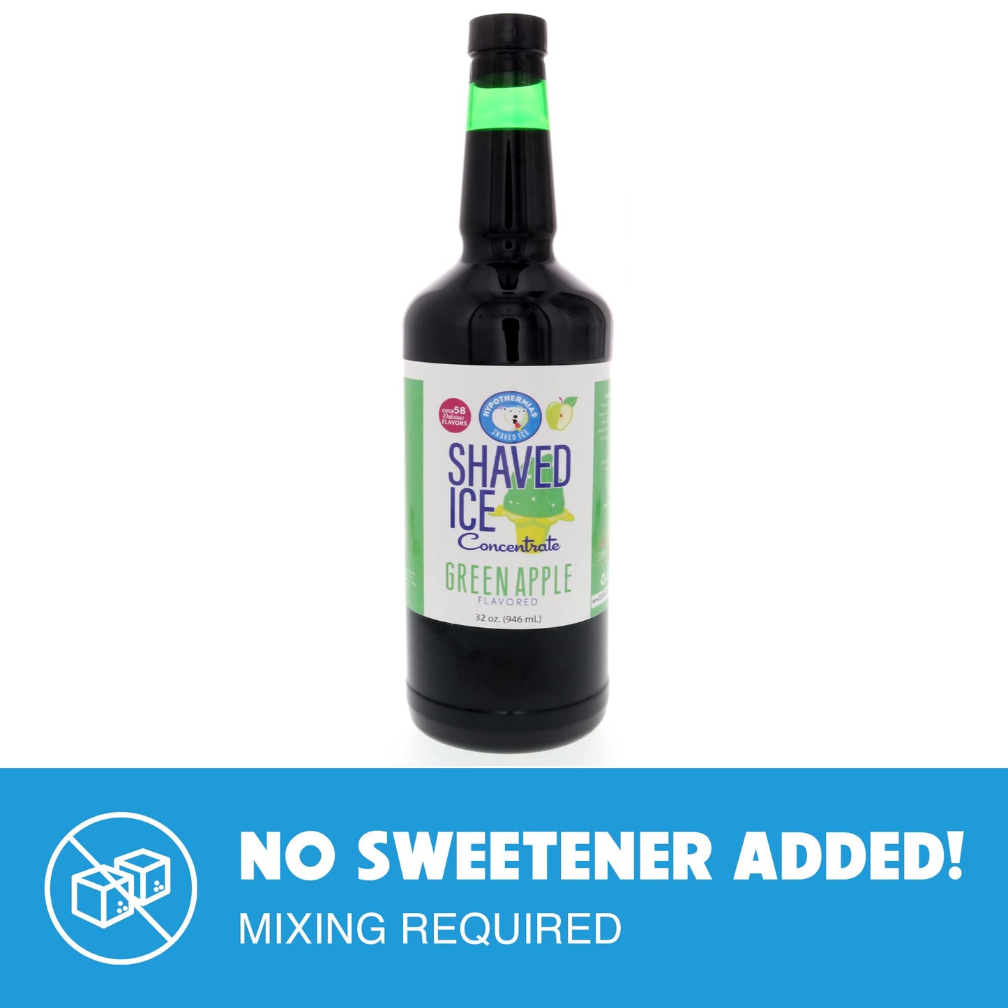 Hypothermias Shaved Ice Syrup Concentrate - Green Apple - Quart (32 Fl Oz) - Makes 8 Gallons - Unsweetened, Must Add Sweetener and Water