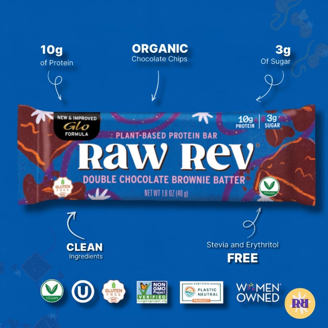 Raw Rev Vegan High-Protein Bars, Double Chocolate Brownie Batter, 10g Plant Protein, 12g Fiber, Non-GMO, 1.6 Oz, 12 Count (Pack