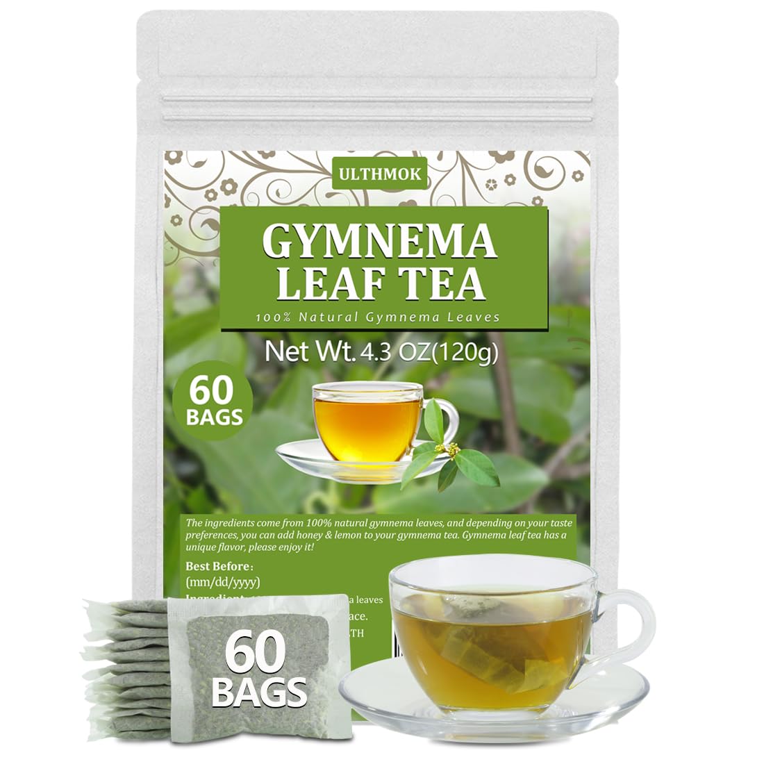 Top-Grade 60 Gymnema Leaf Tea Bags  Made With 100% Natural Gymnema Leaves  For Diaplayics  No Additives & Energy Blend Free & Sugar Free.