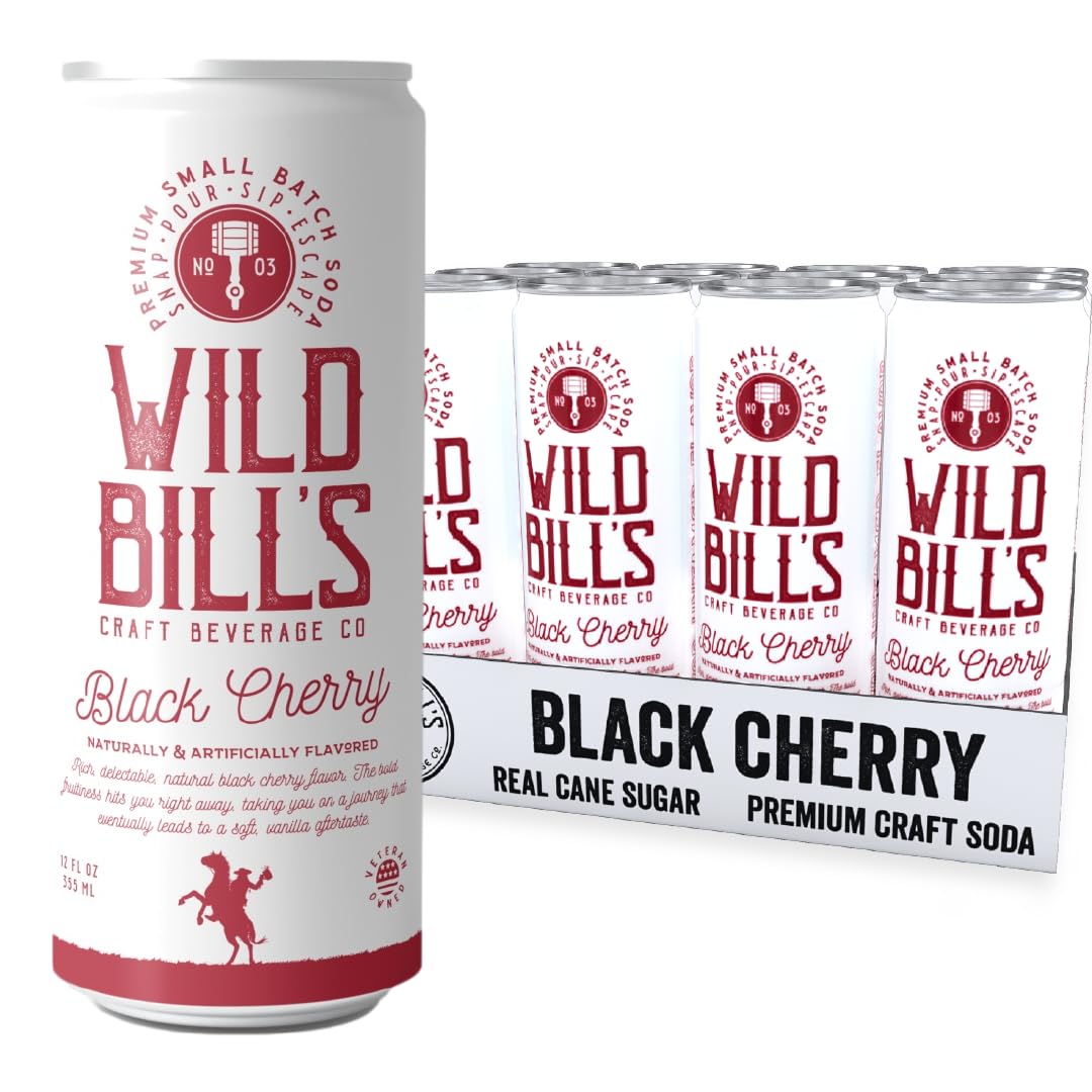 Wild Bills Black Cherry Soda - Classic Craft Soda, Caffeine Free, Gluten Free, Vegan, 12 Oz, 12 Pack