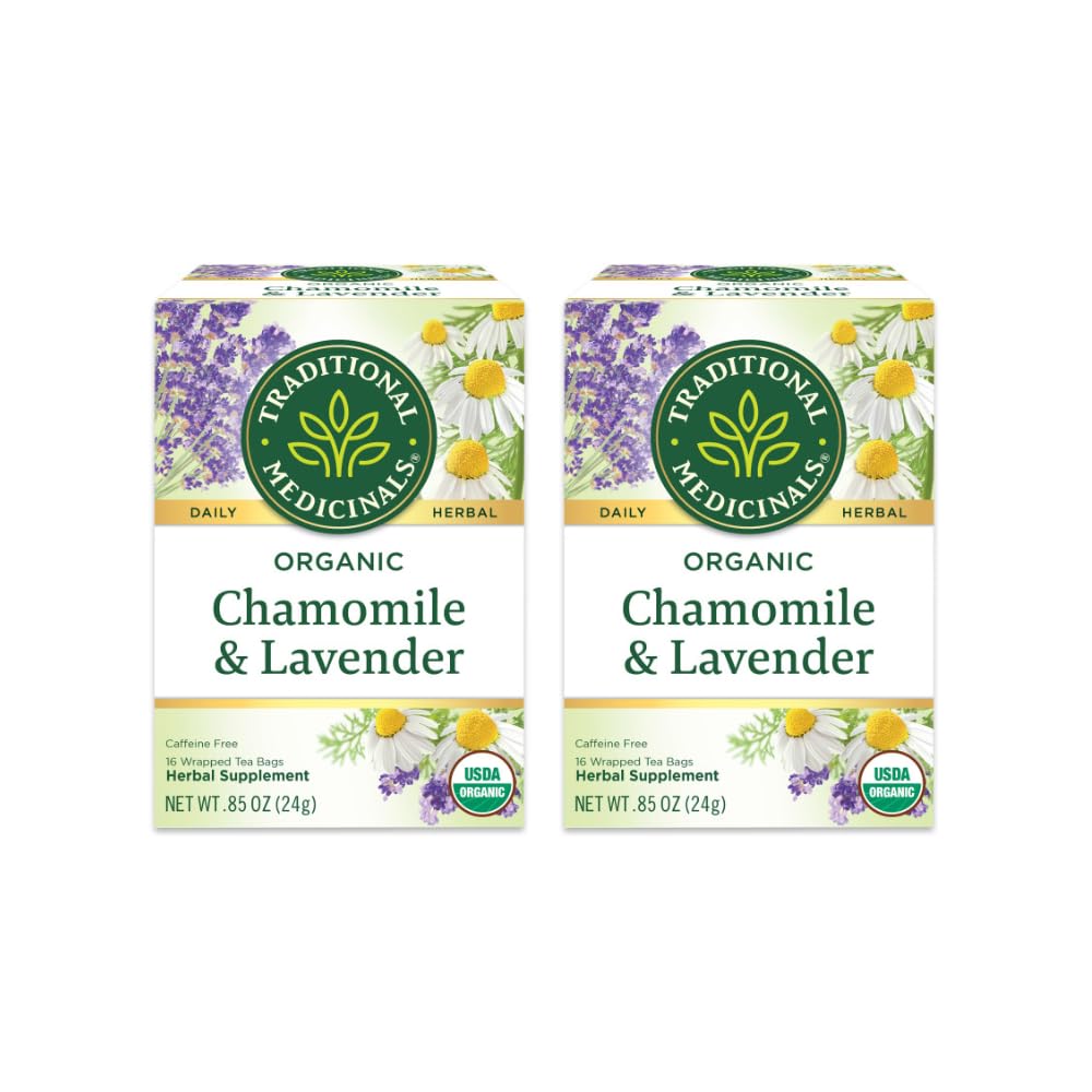 Traditional Medicinals Organic Chamomile & Lavender Herbal Tea, Settles Nervous System, (Pack Of 2) - 32 Tea Bags Total