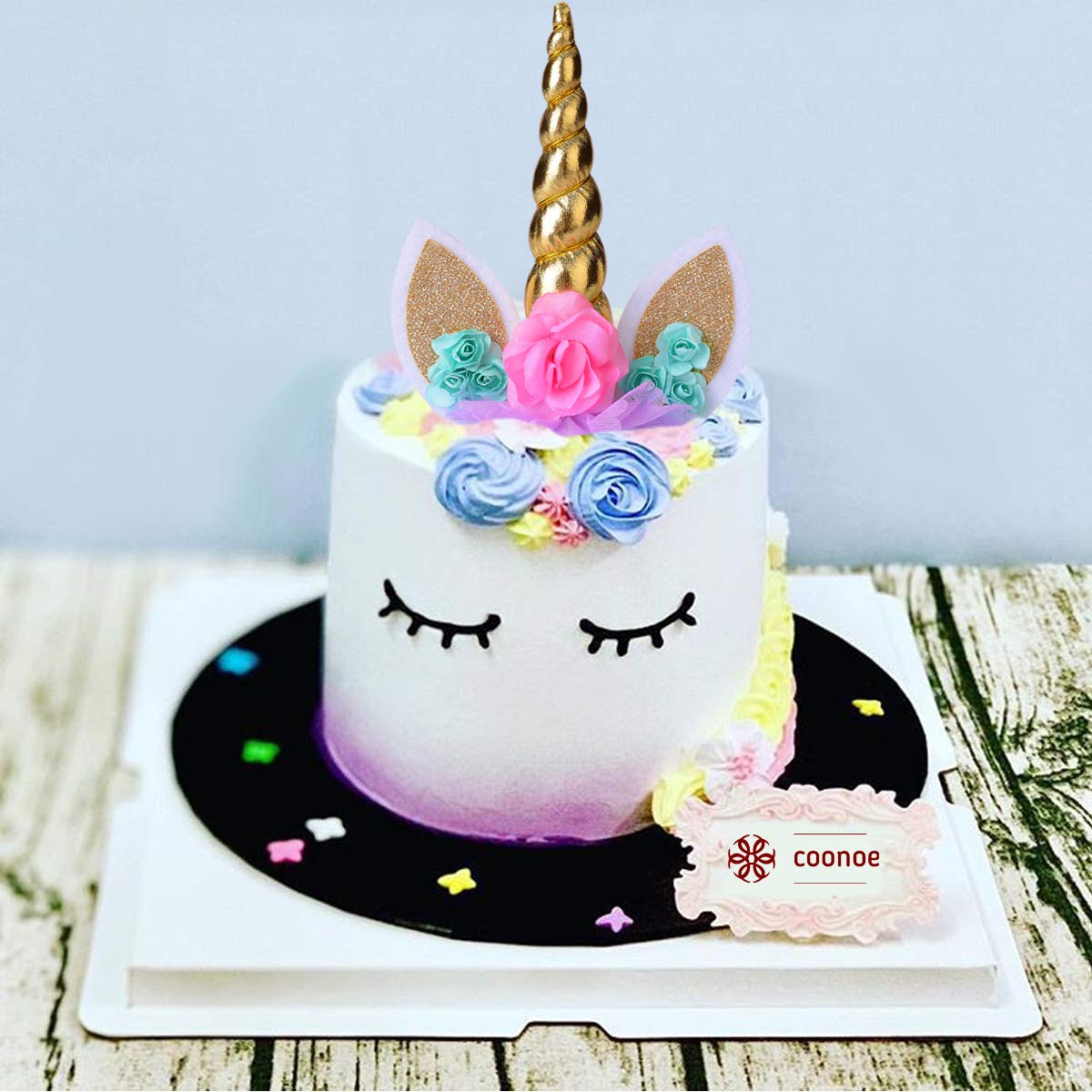 Coonoe, Unicorn Cake Topper,Handmade Party Cake Decoration Supplies With Eyelashes And Stack,Reuasble Gold Horn For Birthday Par