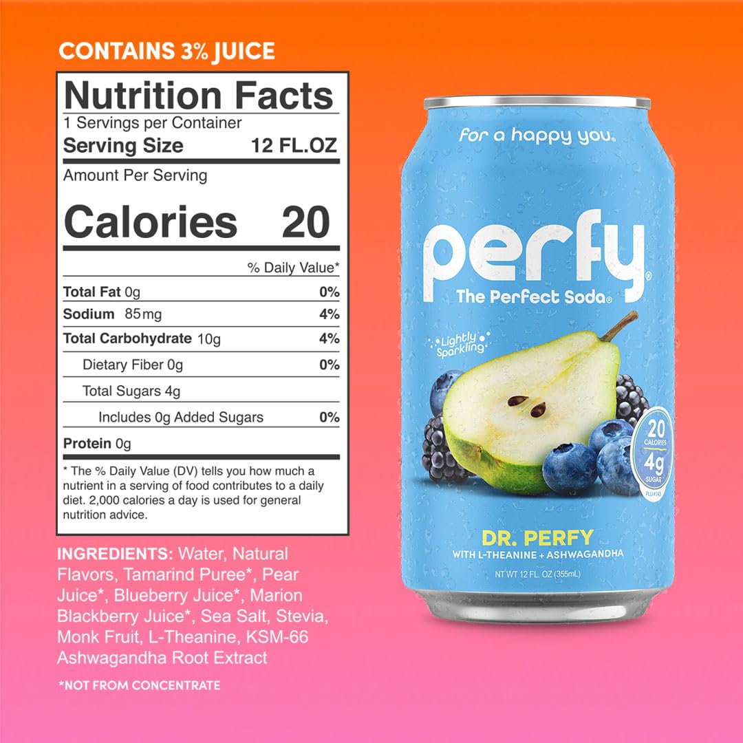 PERFY Caffeine Free Dr. Perfy Soda | Made With Real Fruit Juice - Low Sugar Nootropic Drink with L-Theanine + Ashwagandha | Calming Adaptogen Mocktail | Keto + GLP-1 Friendly (12-Pack Healthy Functional Soda Alternative)