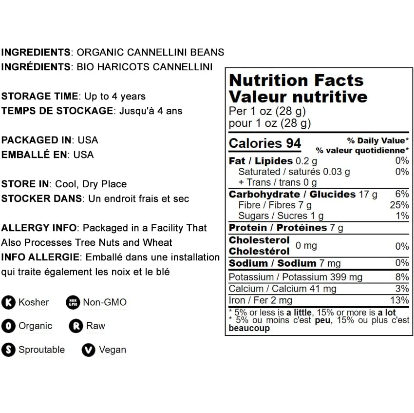 Food To Live Organic Cannellini Beans, 1 Pound – Non-Gmo, Dried White Kidney Beans, Sproutable, Vegan, Kosher, Bulk. Pre-Soak Needed. Rich In Fiber, Protein. Great For Minestrone Soup, Bean Salad.