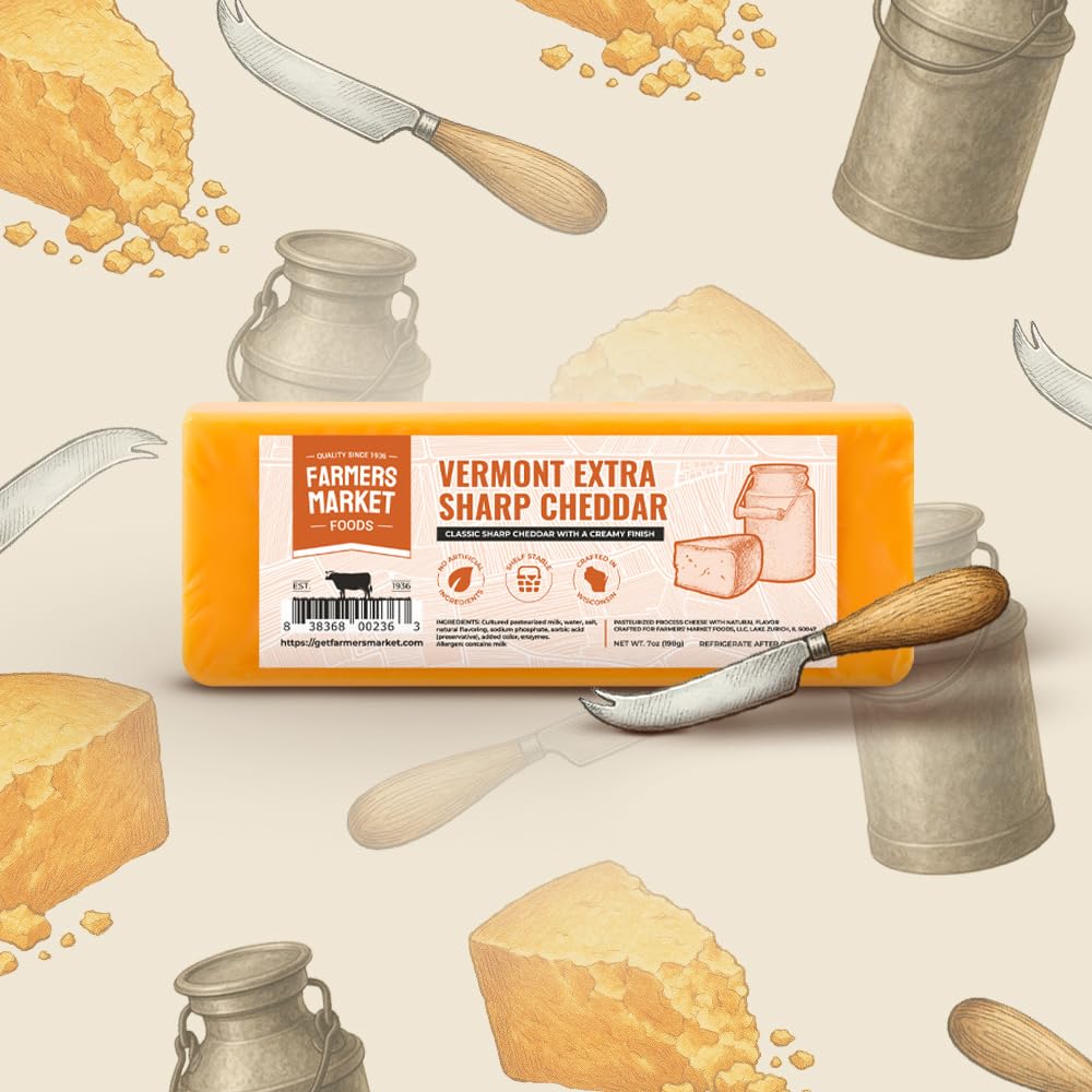 Farmers Market, Gluten Free, Keto, Paleo, Low Sodium, Zero Sugar, Wisconsin Cheese, 1-Pack, Vermont Extra Sharp Cheddar
