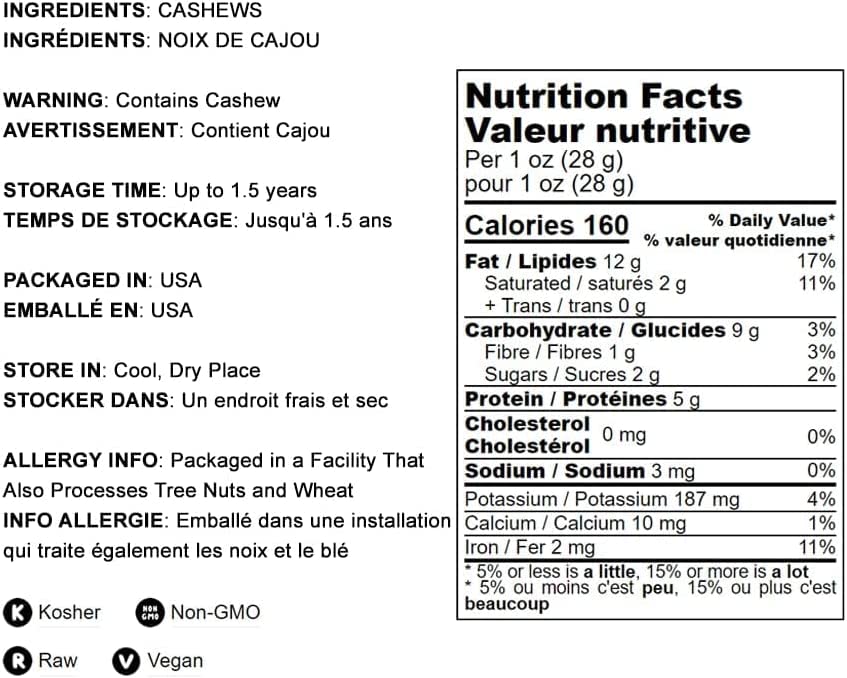 Food To Live - Cashew Nuts, 18 Pounds Non-Gmo Verified, Large Size W240, Whole Nuts, Unsalted, Kosher, Raw, Vegan, Bulk