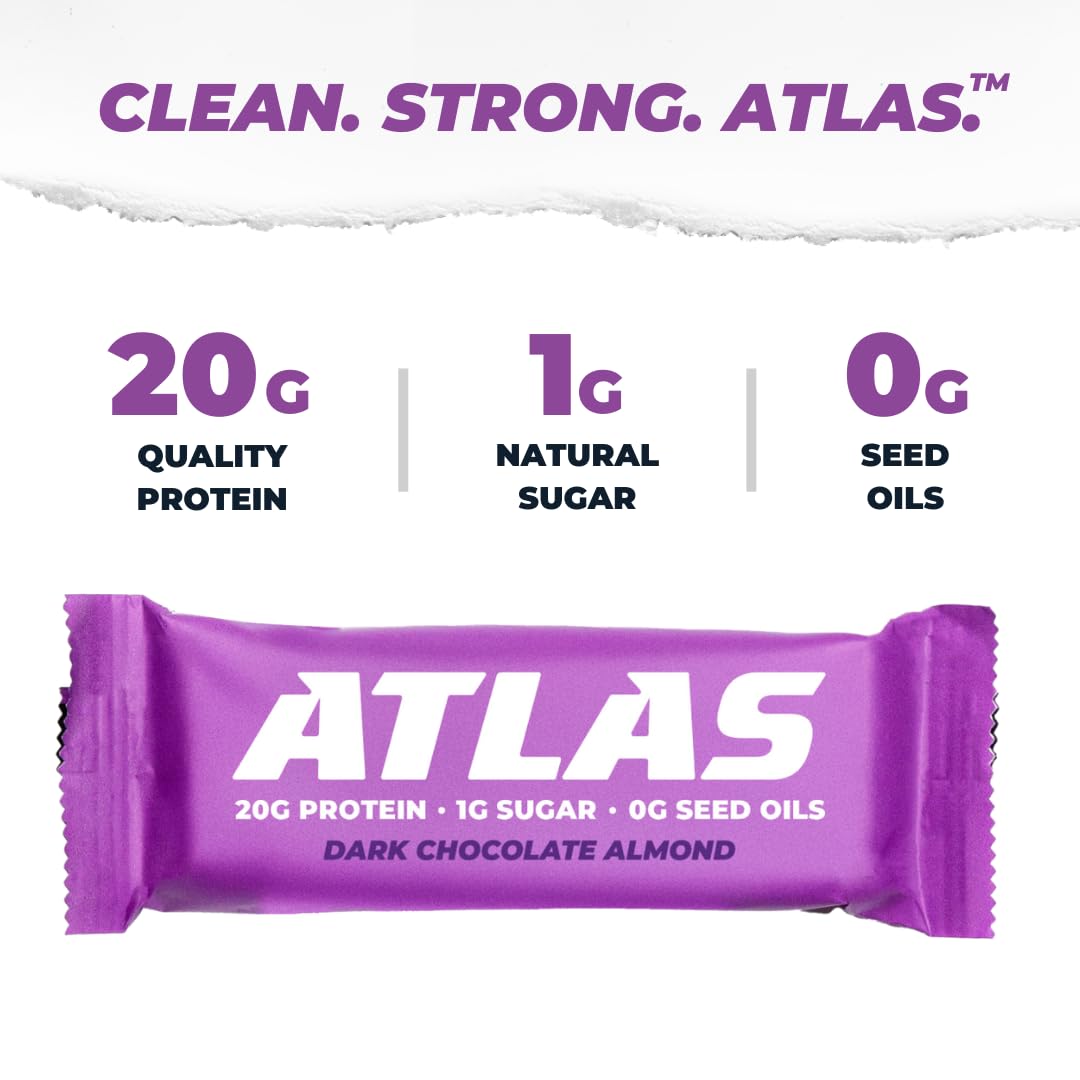 Atlas Protein Bar  20g Protein  1g Sugar  Clean Ingredients  Gluten Free (Dark Chocolate Almond  12 Count (Pack of 3))