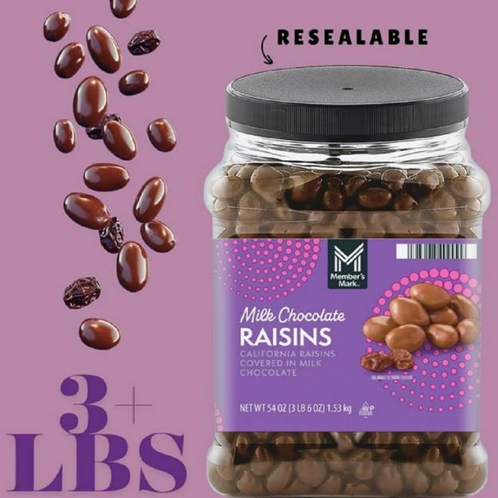 Member Mark Milk Chocolate Raisins, 54 oz. included Free Bonus Pocket Tissue