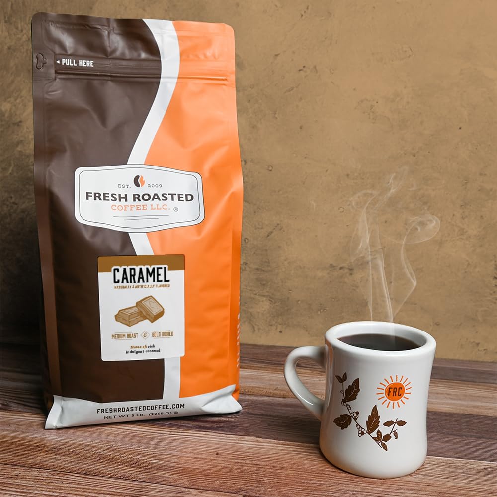 Fresh Roasted Coffee, Caramel Flavored Coffee, 5 Lb (80 Oz), Medium Roast, Kosher, Whole Bean