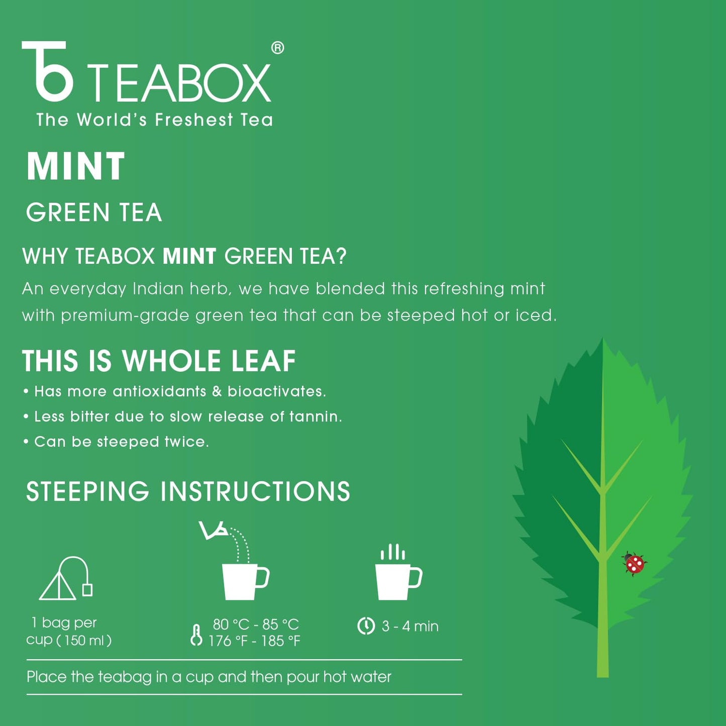 Teabox Enhanced Darjeeling Green Tea With Natural Peppermint Leaves |100% Whole Leaf & 0% Bitterness | Green Tea From The Himalayas | 25 Tea Bags (Low Caffeine)