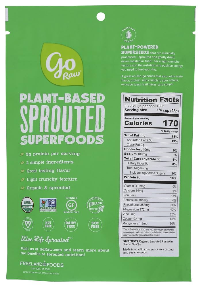 Go Raw, Sprouted Pumpkin Seeds with Sea Salt, Organic, 4Oz