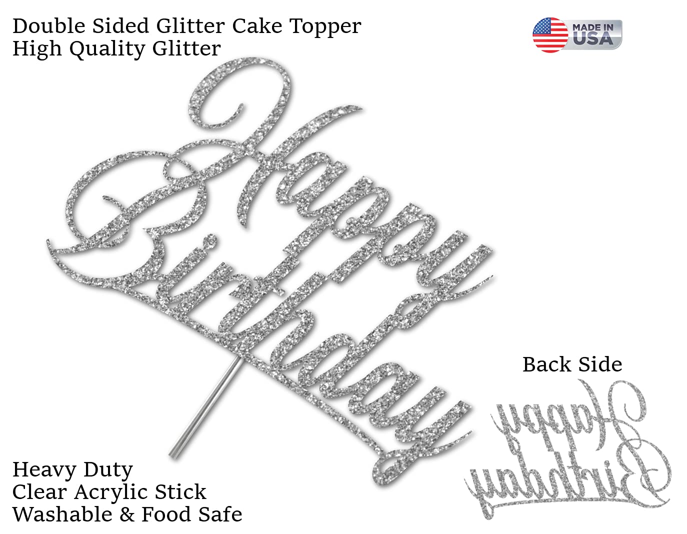 RokAPary Happy Birthday Glitter Cake Topper, Double-Sided Acrylic, Silver