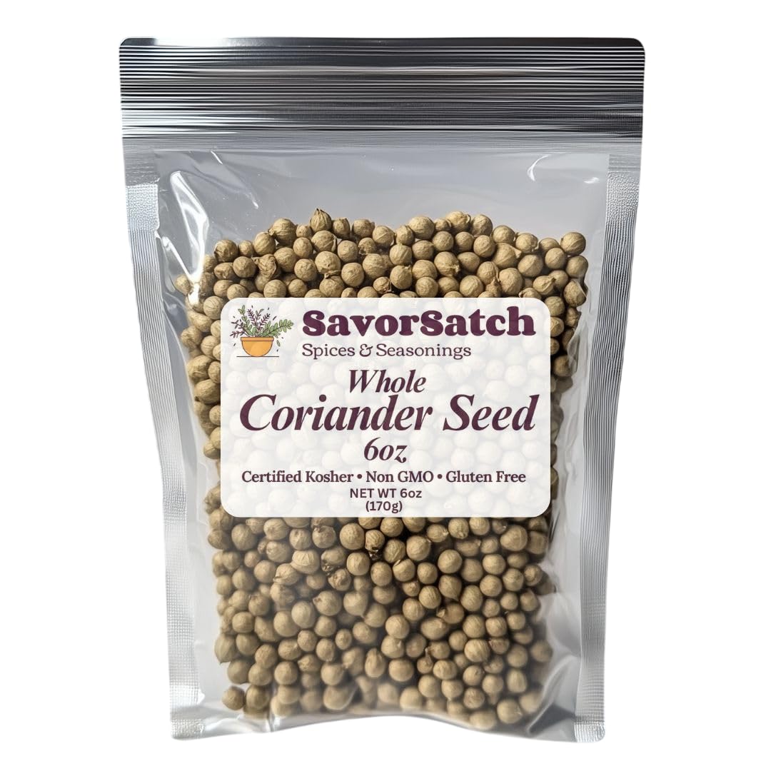 SavorSatch Coriander Seeds Whole - 6oz Resealable Pouch | Certified Kosher, Non-GMO, Aromatic Spice for Cooking, Baking, Seasoni