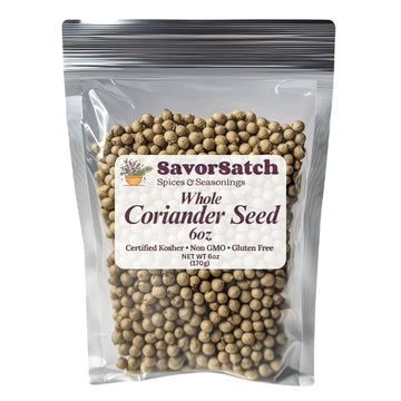 SavorSatch Coriander Seeds Whole - 6oz Resealable Pouch | Certified Kosher, Non-GMO, Aromatic Spice for Cooking, Baking, Seasoni
