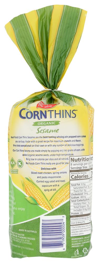Real Foods Organic Corn Thins, Sesame Flavor, Gluten Free, 5.3 oz Bag, Pack of 12