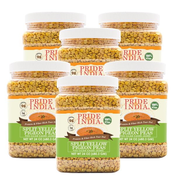 Pride Of India - PACK of 6 - Indian Split Yellow Pigeon Peas - Protein & Fiber Rich Toor (Arahar) Dal, 1.5 Pound Jar